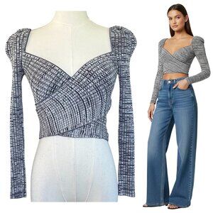 Self-Portrait Crossover Knit Crop Top Navy White S